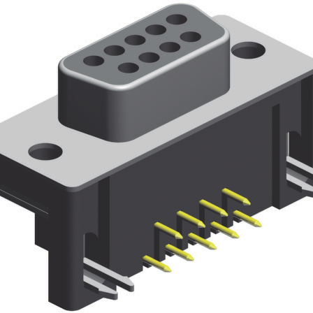 D-Sub, "Euro" Footprint (9.40mm), Right Angle, Through Hole, 9 Contacts, Female, Tin/Gold, 4-40 UNC Rivet + Board Locks