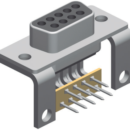 D-Sub, Open Body, Stamped Contact, Right Angle, Through Hole, 9 Contacts, Male, Tin/Gold, 4-40 UNC Rivet